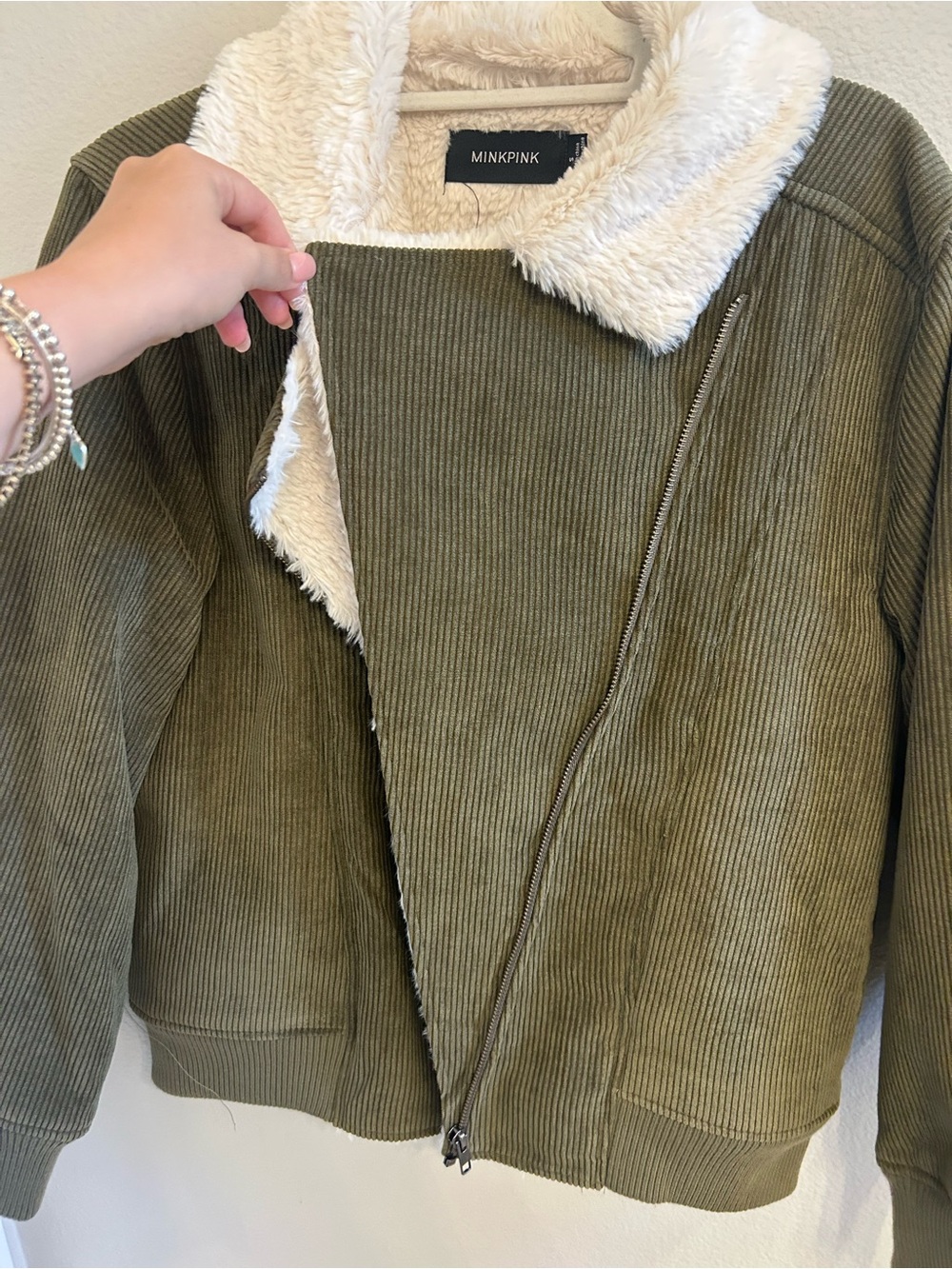MINKPINK Olive Corduroy Bomber Jacket with Cream Sherpa Collar - Picture 3 of 4